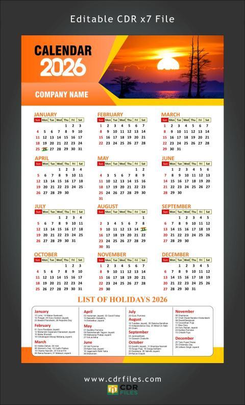 CALENDAR 2026 Editable File with Holiday